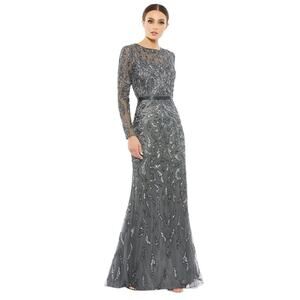 NWT MAC DUGGAL Charcoal Sequin Beaded Long Sleeve Evening Gown Women’s